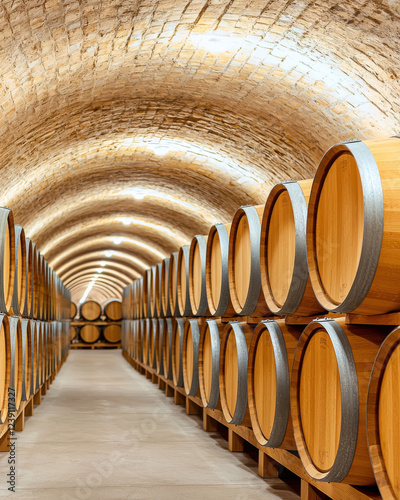 Rows of wooden wine barrels in beautifully lit underground cellar
