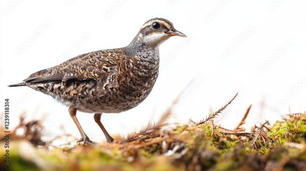 Obraz premium Andean Plover bird on mossy ground, white background, nature wildlife