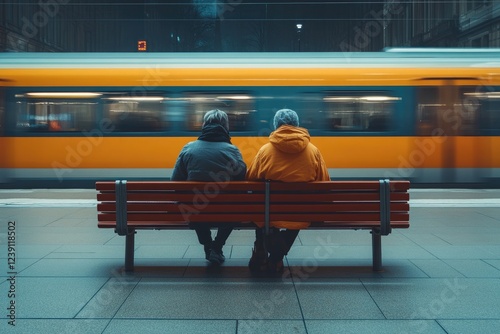 Two tourists waiting for train at night on a bench in berlin subway station