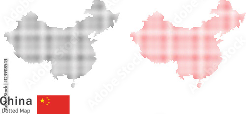  Dotted map of China, red and black dotted map, with flag of china, flat vector