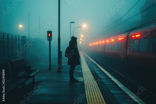 Lonely traveler waiting for train in foggy night at deserted station