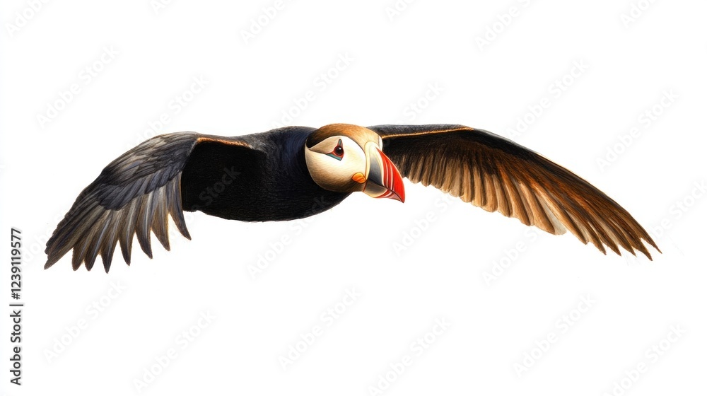 Fototapeta premium Atlantic puffin in flight, white background, wildlife photography, nature poster