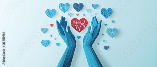 Wallpaper Mural Blue hands holding hearts with medical symbols, floating paper cut hearts-2 Torontodigital.ca