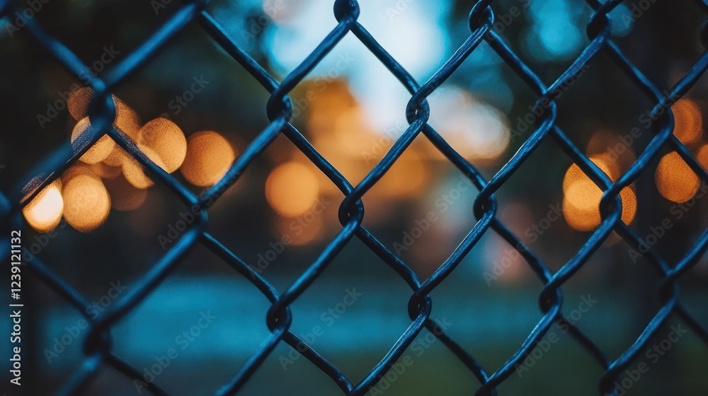 Fototapeta premium Chain link fence in focus surrounded by soft bokeh lights reflecting an evening atmosphere