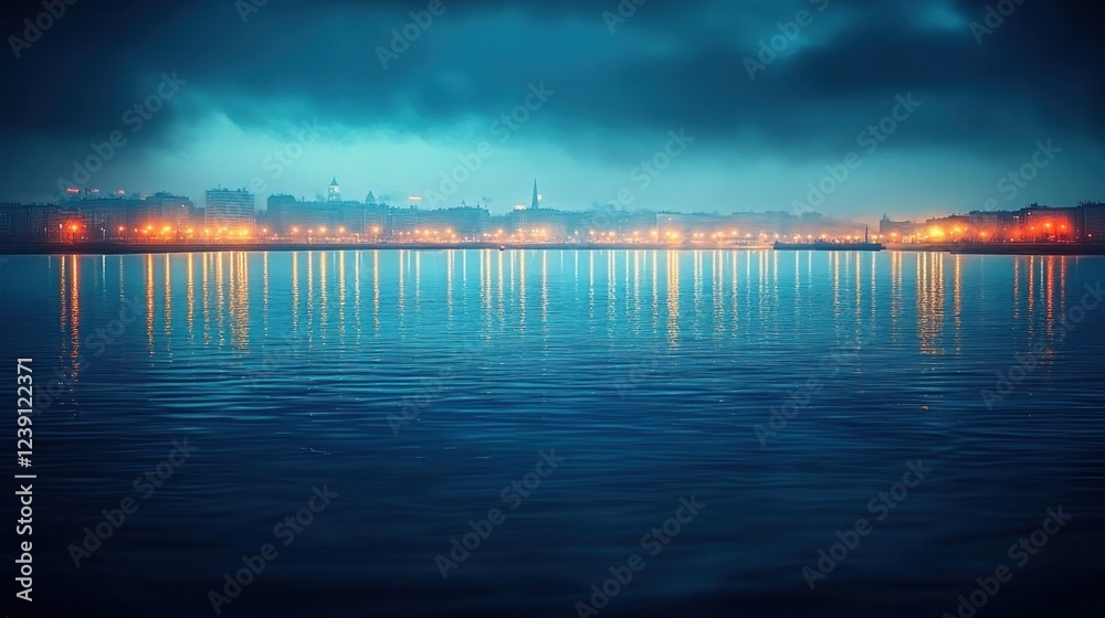 The city skyline glows with lights reflected in still water at twilight surrounded by dramatic clouds The city skyline glows with lights reflected in still water at twilight surrounded by dramatic clouds