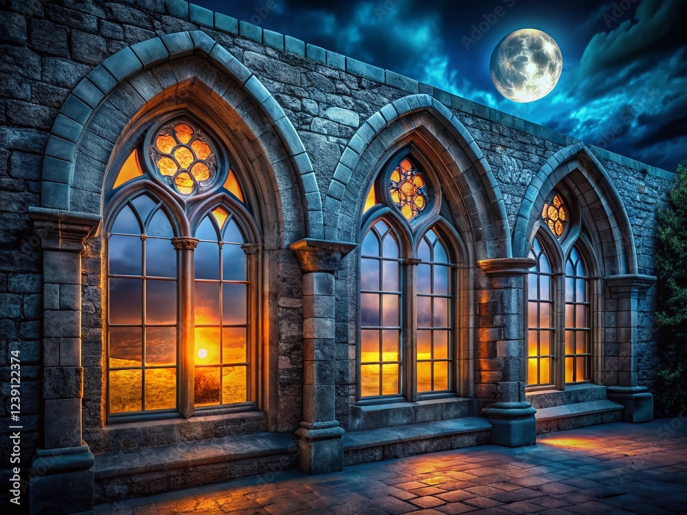 Fototapeta premium Mysterious Night: Old Arched Windows in the City - Stock Photo