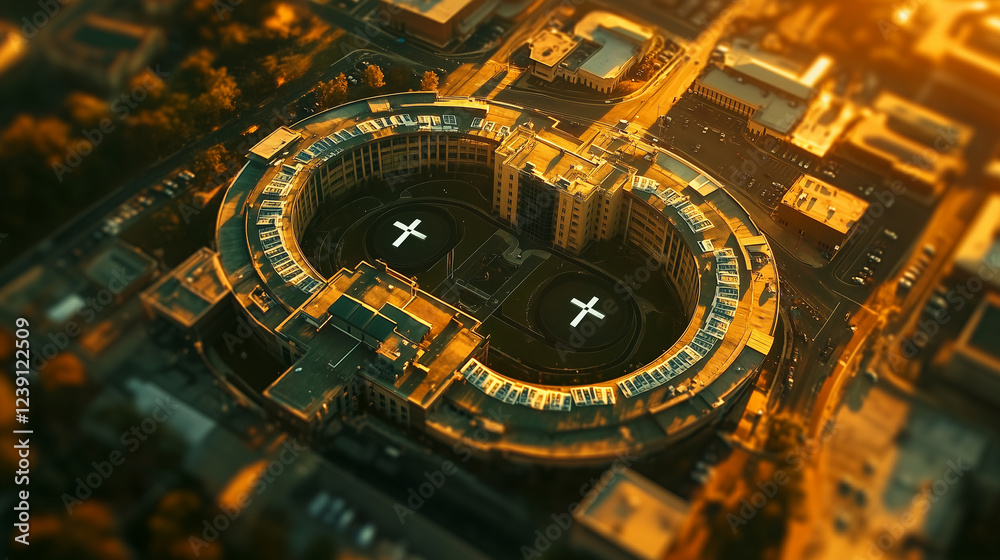 Breathtaking aerial view of a modern hospital complex with rooftop helipads during golden hour Breathtaking aerial view of a modern hospital complex with rooftop helipads during golden hour