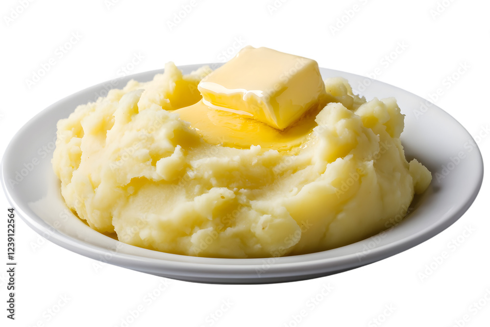 A portion of creamy mashed potatoes, with a pat of butter slowly melting on top, placed on a white plate. Transparent background
A portion of creamy mashed potatoes, with a pat of butter slowly melting on top, placed on a white plate. Transparent background