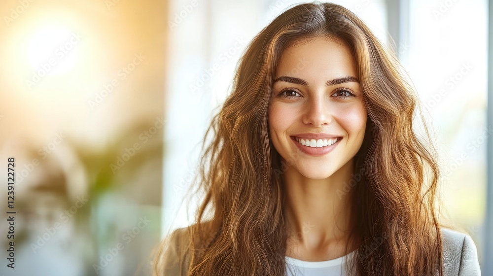 Fototapeta premium A woman with long hair smiles warmly while basking in the sunlight in a cheerful indoor environment