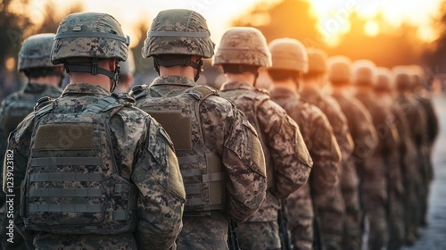 Troops are lined up at sunset, showcasing discipline and readiness in a military setting