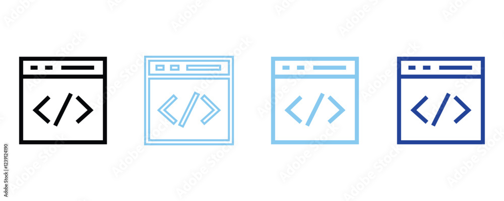 Coding icon vector set, software coding icon, web coding icons vector in outline style isolated on white background. Coding icon vector set, software coding icon, web coding icons vector in outline style isolated on white background.