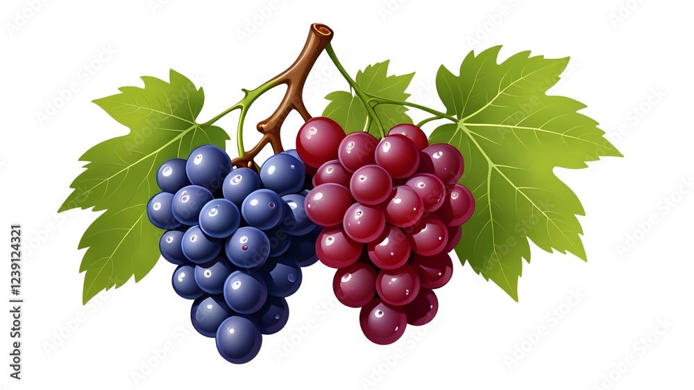 Fototapeta premium Lush red and blue grapes on the vine, vibrant illustration, perfect for wine labels, healthy eating concepts, or autumn themes.