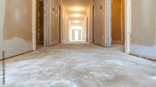 Dusty flooring and unpainted walls in a hallway of a construction site reveal multiple doors
