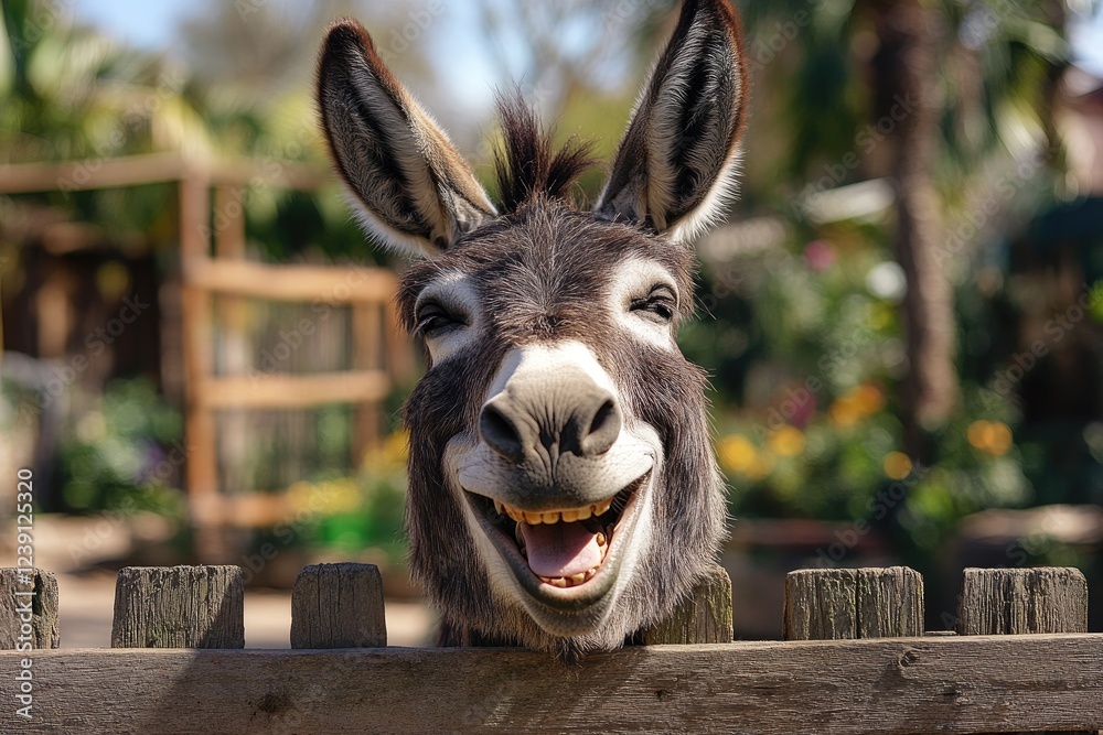 Φωτογραφία Donkey smiling showing teeth behind wooden fence in farmyard