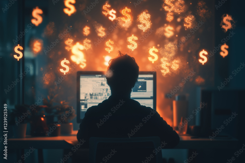 Dramatic moment of a person focused on computer screen amidst glowing dollar signs in a dark room setting Dramatic moment of a person focused on computer screen amidst glowing dollar signs in a dark room setting