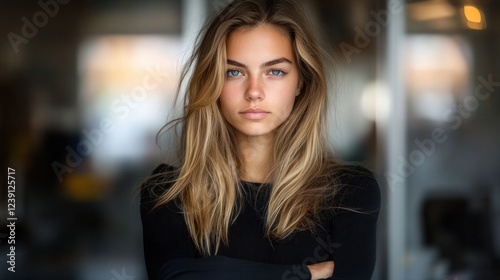A young woman stands with arms crossed  showcasing her long hair and captivating blue eyes in natural light