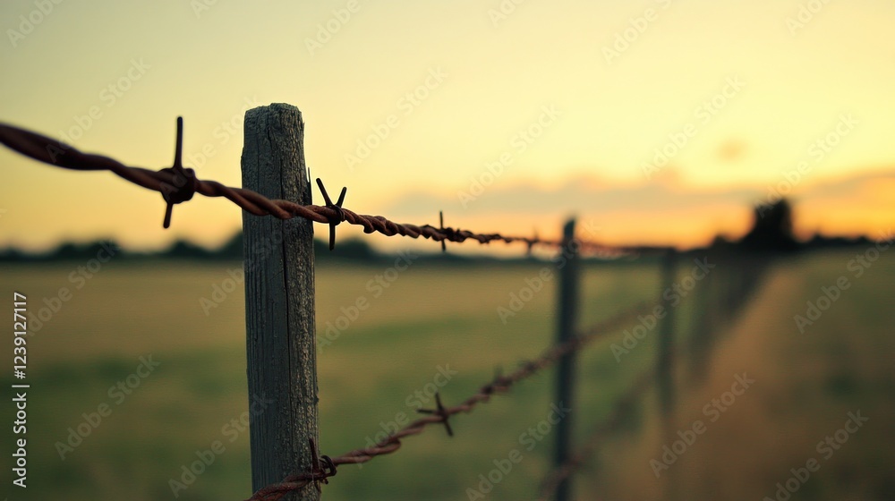 Fototapeta premium A barbed wire fence winds through a grassy field under a warm sunset sky, inviting a sense of calm