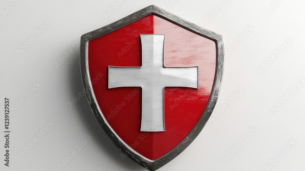 Fototapeta premium Red shield with metal cross emblem on white background - protection and strength symbol