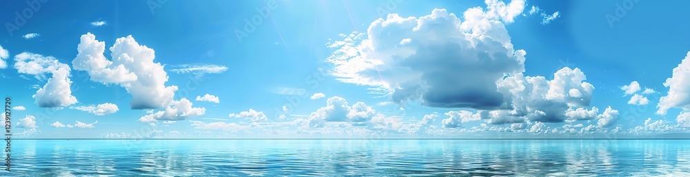 Endless Horizon of Calm Ocean Waters and White Fluffy Clouds Reflecting Above Endless Horizon of Calm Ocean Waters and White Fluffy Clouds Reflecting Above