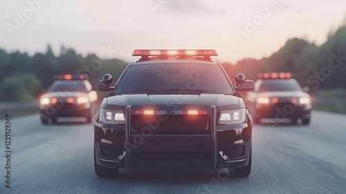 Police cars drive down a highway with lights flashing during twilight hours, creating an urgent atmosphere photo