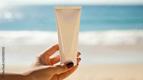 Enjoying the beach while holding sunscreen for skin protection against sun exposure