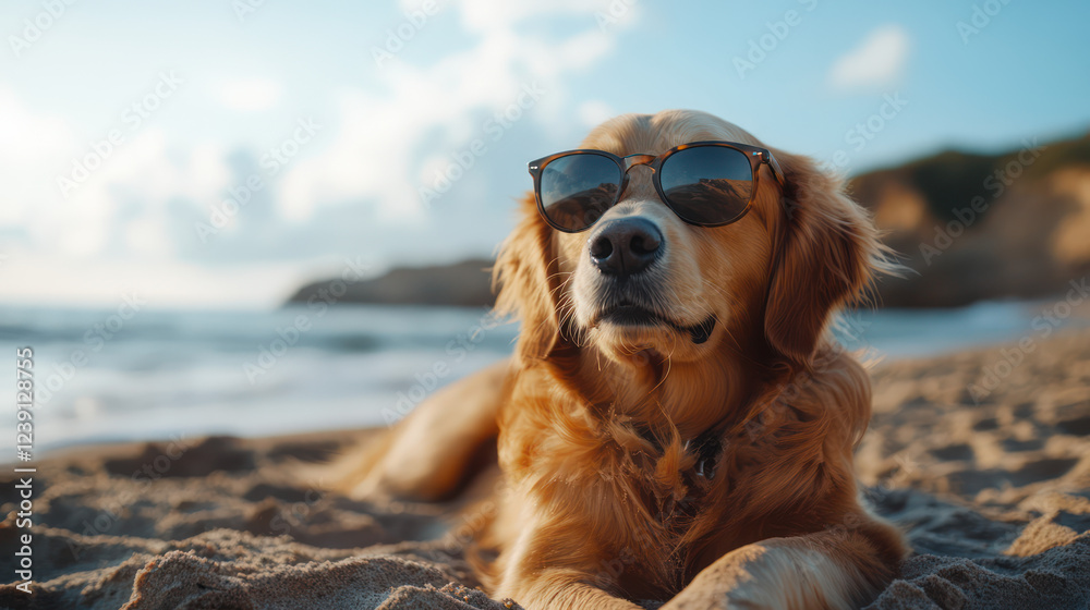 Golden Retriever wearing sunglasses and lying on the beach Golden Retriever wearing sunglasses and lying on the beach