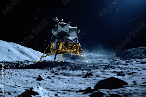 Lunar module landing on the moon surface during space mission at night photo