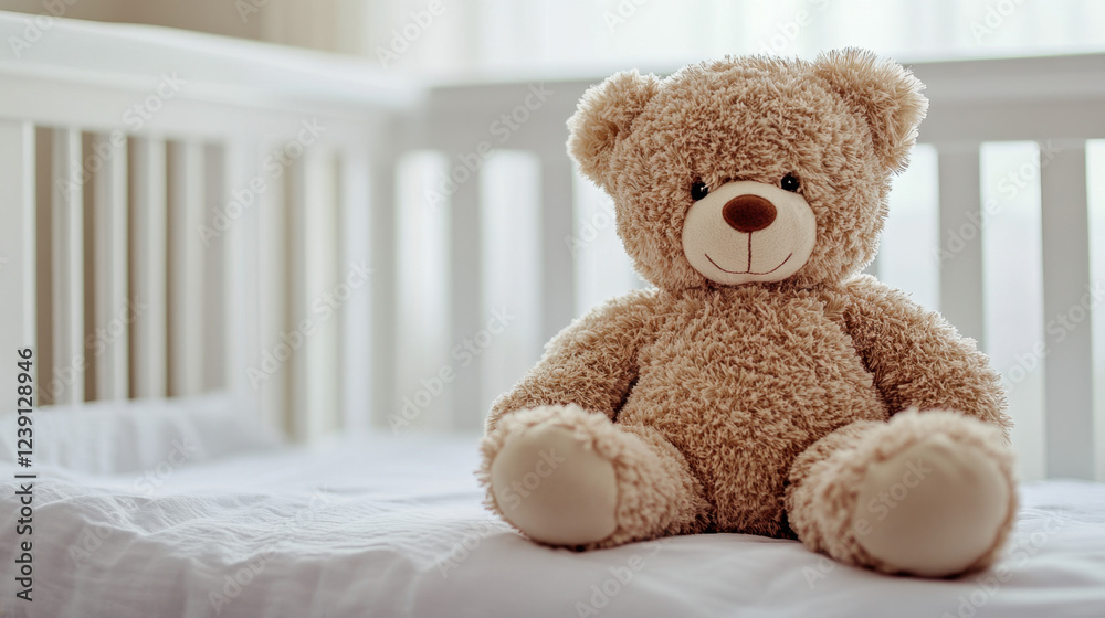 A plush teddy bear sits charmingly on the edge of a crib, surrounded by soft white bedding in a warm, inviting nursery lit by gentle sunlight A plush teddy bear sits charmingly on the edge of a crib, surrounded by soft white bedding in a warm, inviting nursery lit by gentle sunlight