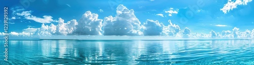 Endless Horizon of Calm Ocean Waters and White Fluffy Clouds Reflecting Above