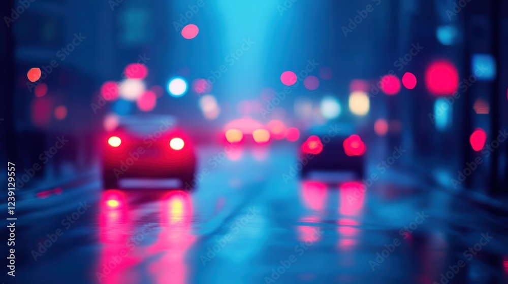 Cars drive through a wet city street illuminated by colorful lights on a rainy night Cars drive through a wet city street illuminated by colorful lights on a rainy night