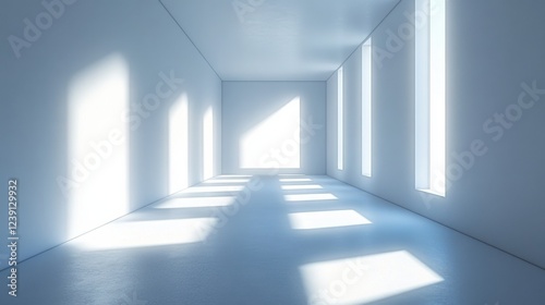 Minimalist sunlit room with floor-to-ceiling windows and geometric shadows