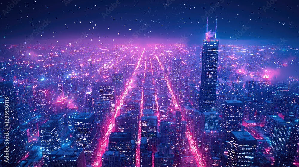 Obraz premium A Nighttime Cityscape Showing Vibrant Lights and Snow