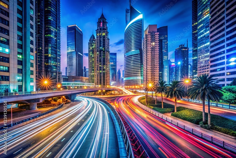 Obraz premium Night Highway Light Trails in Futuristic Cityscape
