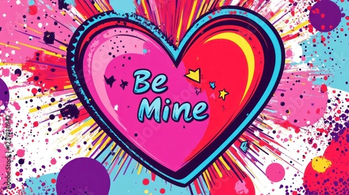 Be Mine: A vibrant Valentine's Day heart design with a pop art aesthetic. Featuring a bold heart, dynamic splashes, and energetic colors. photo