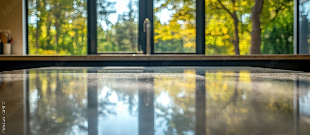 Naklejka premium Reflective Kitchen Countertop with Autumnal View