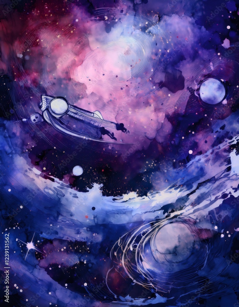Naklejka premium Spaceship exploring a colorful nebula and planets in deep space