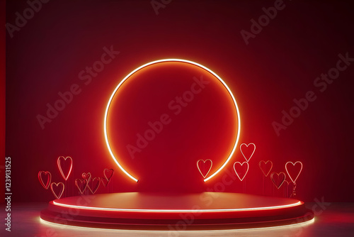 A sleek, minimalist podium set against a rich red background, ideal for showcasing products, decorated with love symbols.