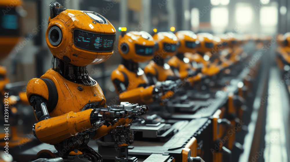 Robots work in a factory assembly line. cyberpunk style Robots work in a factory assembly line. cyberpunk style
