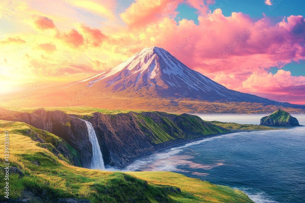 A majestic volcano towers proudly over a vibrant coastline, where a stunning waterfall cascades down amidst a breathtaking and colorful sunset A majestic volcano towers proudly over a vibrant coastline, where a stunning waterfall cascades down amidst a breathtaking and colorful sunset