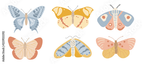 Pastel coloful butterflies and moths hand drawn flat style vector illustrations isolated on transparent background. Insects clipart for spring postcards, nursery decor.