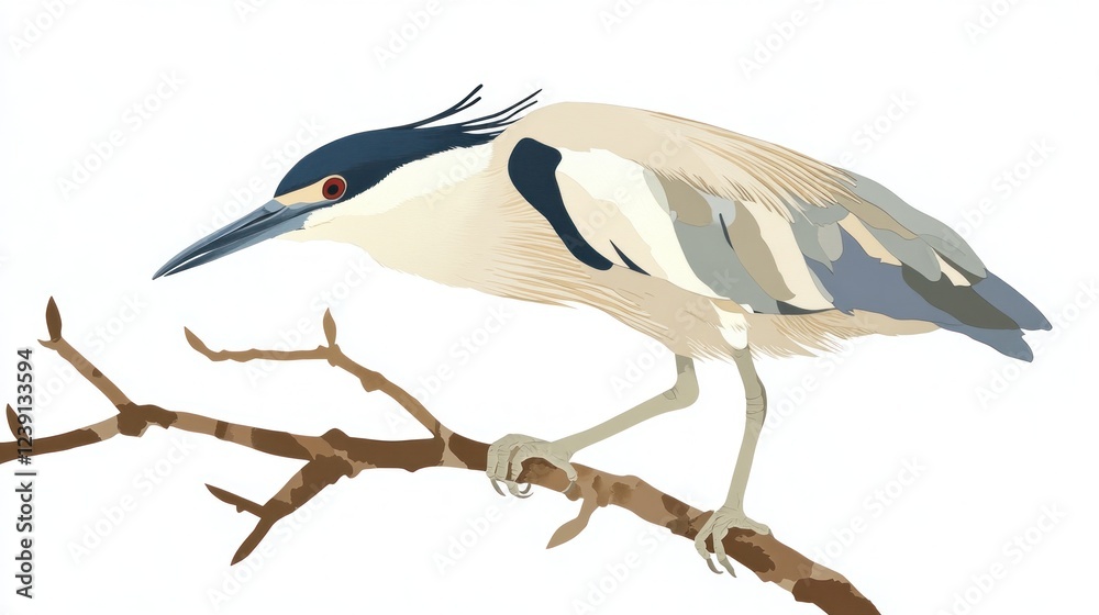 Obraz premium Bird perched on branch, nature illustration, white background, wildlife art