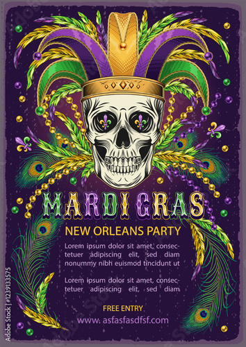 Mardi Gras carnival poster with human skull in jester hat, scattered beads, bunch of beads, feathers, glossy text. A4 template with copy space for party, events in vintage style.