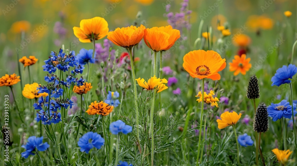 Vibrant wildflower meadow with orange poppies and blue flowers in a soft focus natural setting Vibrant wildflower meadow with orange poppies and blue flowers in a soft focus natural setting