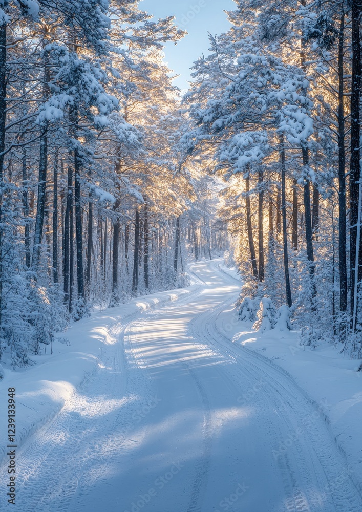 Obraz premium Sunlit Winter Pathway Through Snowy Pine Forest