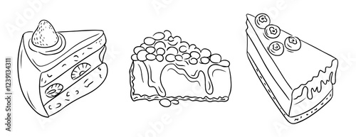 Hand drawn vector line art illustrations of three different cake slices with intricate details, including fruits and drizzled toppings, outlined in black and white, perfect for coloring designs