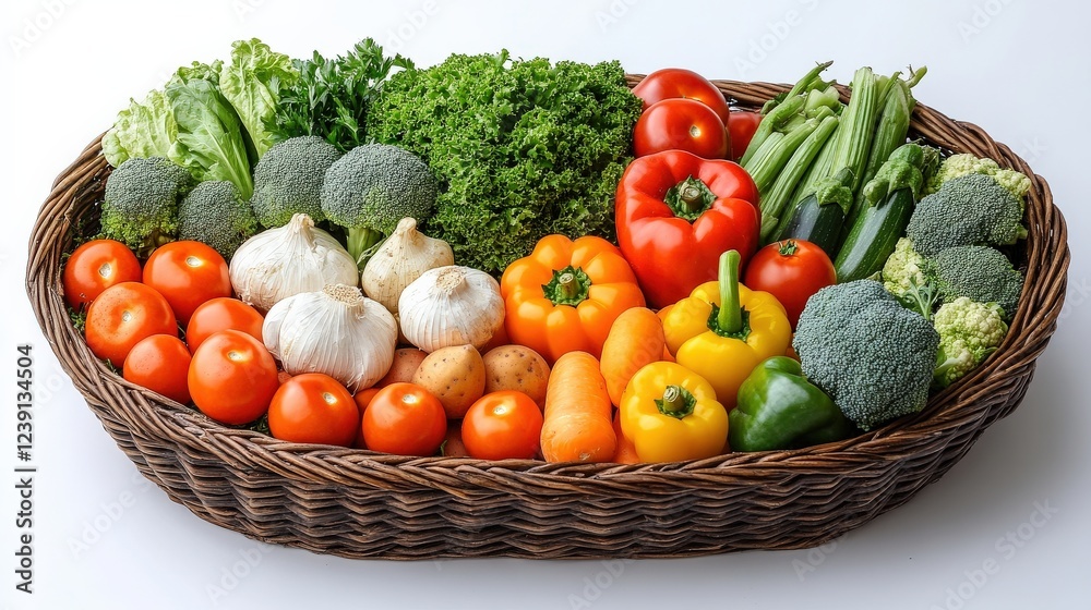 Freshly harvested vegetables arranged in a wicker basket, showcasing vibrant colors and variety Freshly harvested vegetables arranged in a wicker basket, showcasing vibrant colors and variety