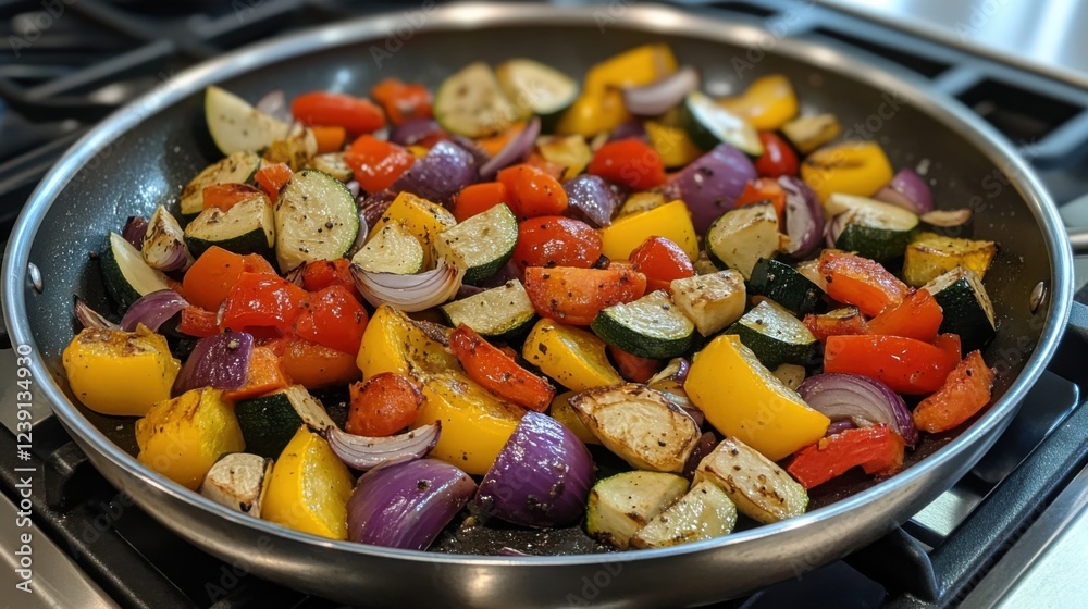 Colorful roasted vegetables in a pan with zucchini, bell peppers, and onions Colorful roasted vegetables in a pan with zucchini, bell peppers, and onions