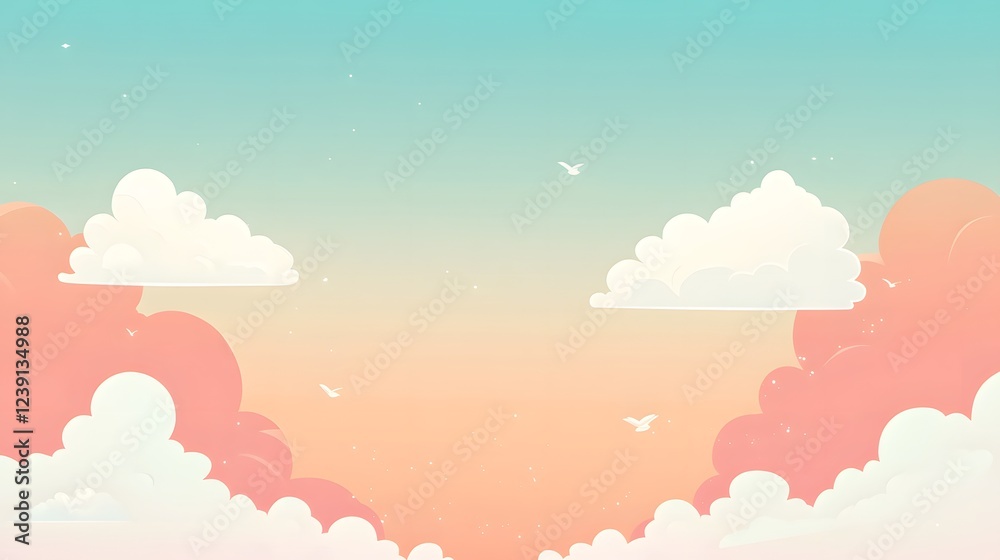 Peaceful Pastel Sky with Fluffy Clouds and Birds Peaceful Pastel Sky with Fluffy Clouds and Birds