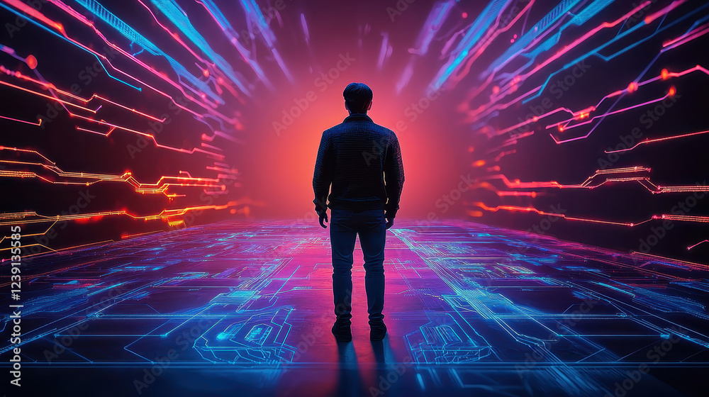lone figure stands digital platform, surrounded by vibrant neon lights and circuit patterns, evoking sense of wonder and lone figure stands digital platform, surrounded by vibrant neon lights and circuit patterns, evoking sense of wonder and