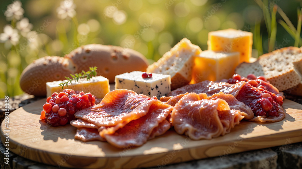 Delicious Brettljause platter with meats and cheese in Alpine meadow, culinary delight Delicious Brettljause platter with meats and cheese in Alpine meadow, culinary delight